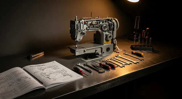 Una mesa de capacitación de técnicos de costura con un cabezal de máquina de coser industrial parcialmente desarmado y herramientas
