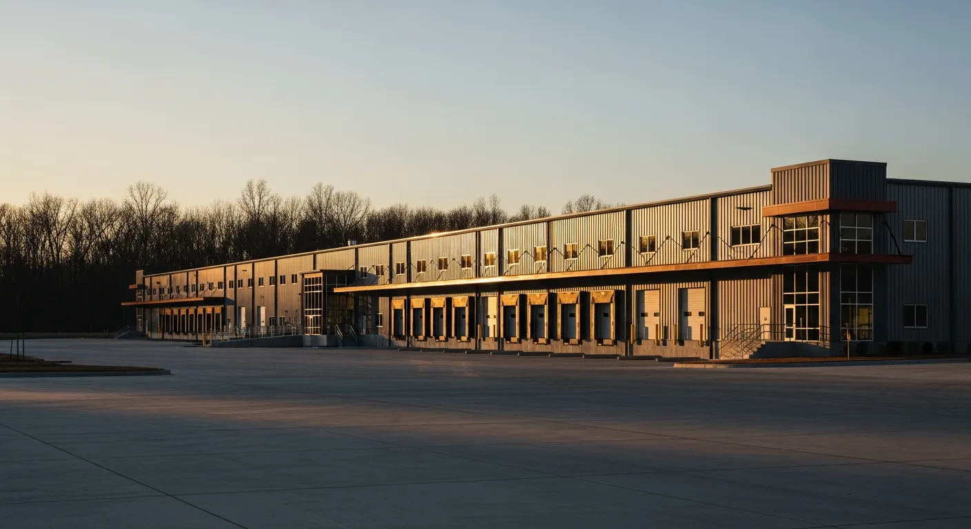 Exterior de una planta de fabricación industrial en el corredor del mueble de Carolina del Norte con muelles de carga